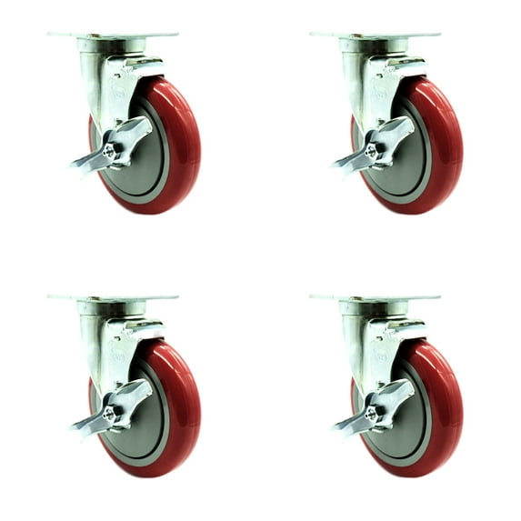 Service Caster - Universal Kitchen Casters - 5" Red Wheel - 4 Swivel w/Brake