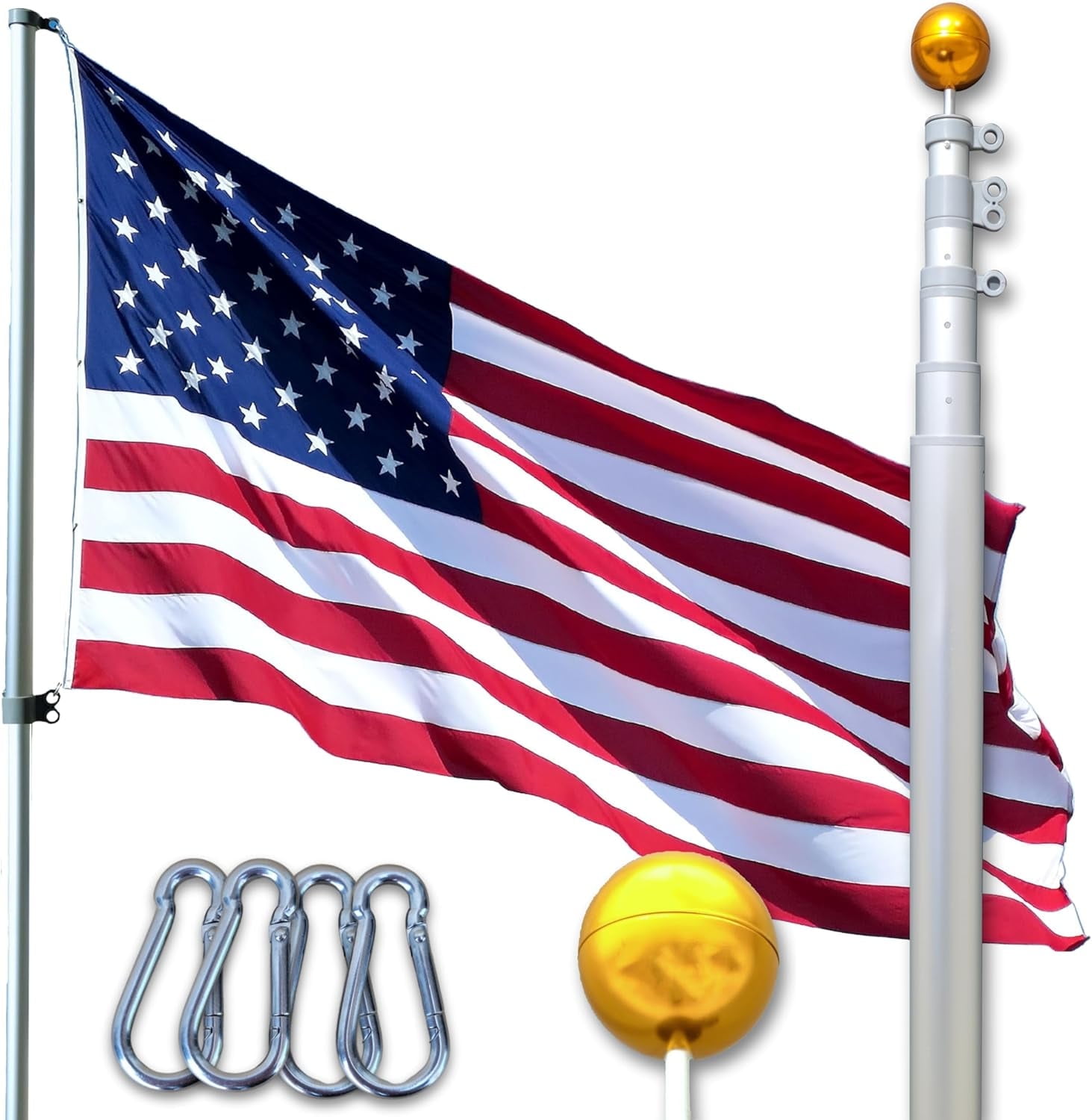 Silver 25FT Telescoping Flagpole Kit For Outside House In Ground - Anti Tangle Swivel Ring Design - 100MPH Wind Tested