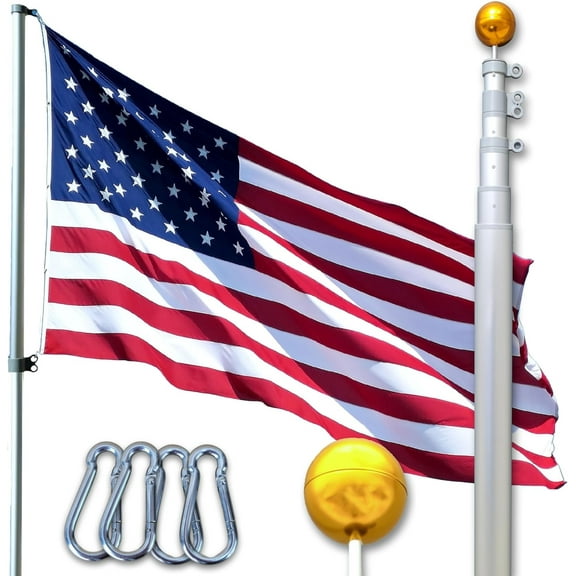 Silver 20FT Telescoping Flagpole Kit For Outside House In Ground - Anti Tangle Swivel Ring Design - 100MPH Wind Tested