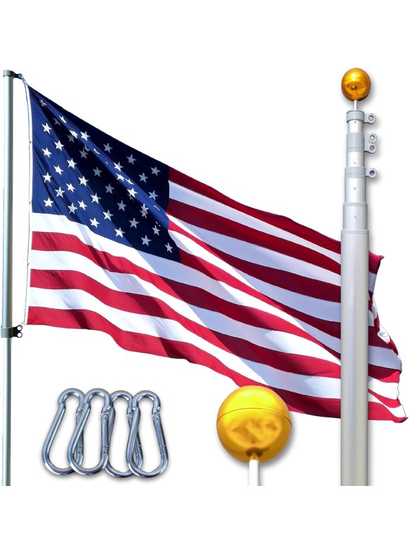 Silver 20FT Telescoping Flagpole Kit For Outside House In Ground - Anti Tangle Swivel Ring Design - 100MPH Wind Tested