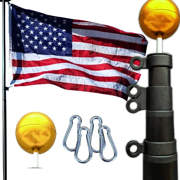 25FT Flagpole Kit Freedom Edition Black Telescoping For Outside House In Ground - Anti Tangle Swivel Ring Design - 100MPH Wind Tested