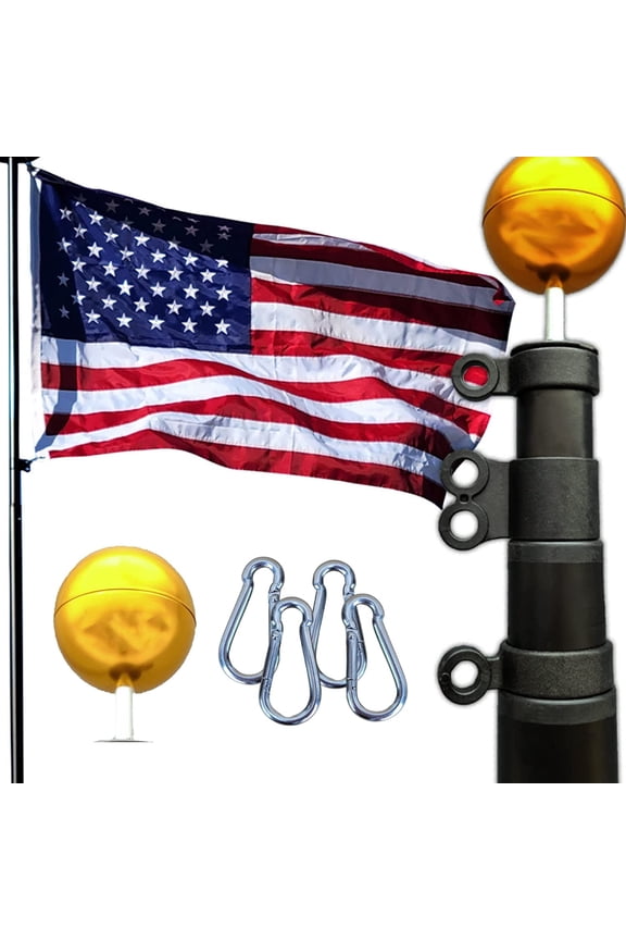 25FT Flagpole Kit Freedom Edition Black Telescoping For Outside House In Ground - Anti Tangle Swivel Ring Design - 100MPH Wind Tested
