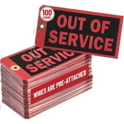 Out of Service Tags with Pre-Attached Wire Hangers, Set of 100 Equipment Repair and Inspection Tags, 13 pt Red Cardstock Hang Tag with Reinforced Eyelets, 6.22x3.15