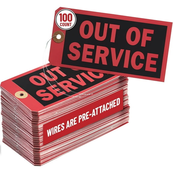 Out of Service Tags with Pre-Attached Wire Hangers, Set of 100 Equipment Repair and Inspection Tags, 13 pt Red Cardstock Hang Tag with Reinforced Eyelets, 6.22"x3.15"