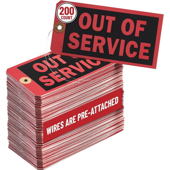 Out of Service Tags with Pre-Attached Wire Hangers, Set of 200 Equipment Repair and Inspection Tags, 13 pt Red Cardstock Hang Tag with Reinforced Eyelets, 6.22"x3.15"