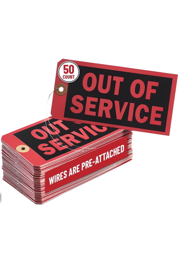Out of Service Tags with Pre-Attached Wire Hangers, Set of 50 Equipment Repair and Inspection Tags, 13 pt Red Cardstock Hang Tag with Reinforced Eyelets, 6.22"x3.15"