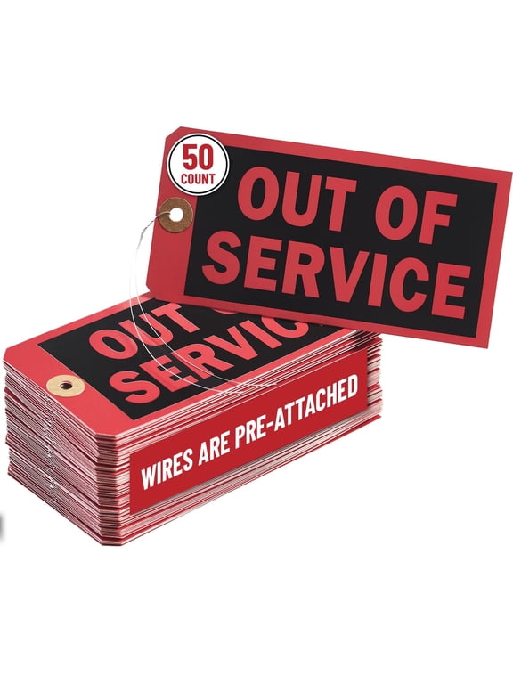 Out of Service Tags with Pre-Attached Wire Hangers, Set of 50 Equipment Repair and Inspection Tags, 13 pt Red Cardstock Hang Tag with Reinforced Eyelets, 6.22"x3.15"