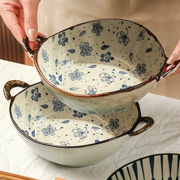 Decorative Serving Bowl - 24oz Ceramic Soup Bowl with Handle Ramen Bowl for Salad,Pasta,Cereal,700ML Porcelain Stoneware Kitchen Dish