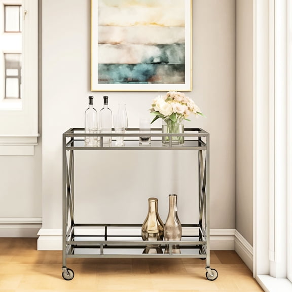 Serving Cart | Good for Outdoor Gatherings and Picnics | Metal with Antique Gold Finish and Caster Wheels | Solves Storage and Portability Issues