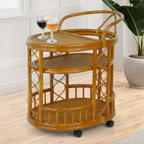 Serving Cart Handmade Woven Natural Rattan Wicker with Wheels Fully Assembled Colonial Color