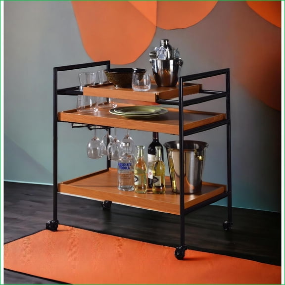 Serving Cart, Industrial Oaken Honey Oak & Black with Storage & Caster Wheels | Metal | Synthetic Wood