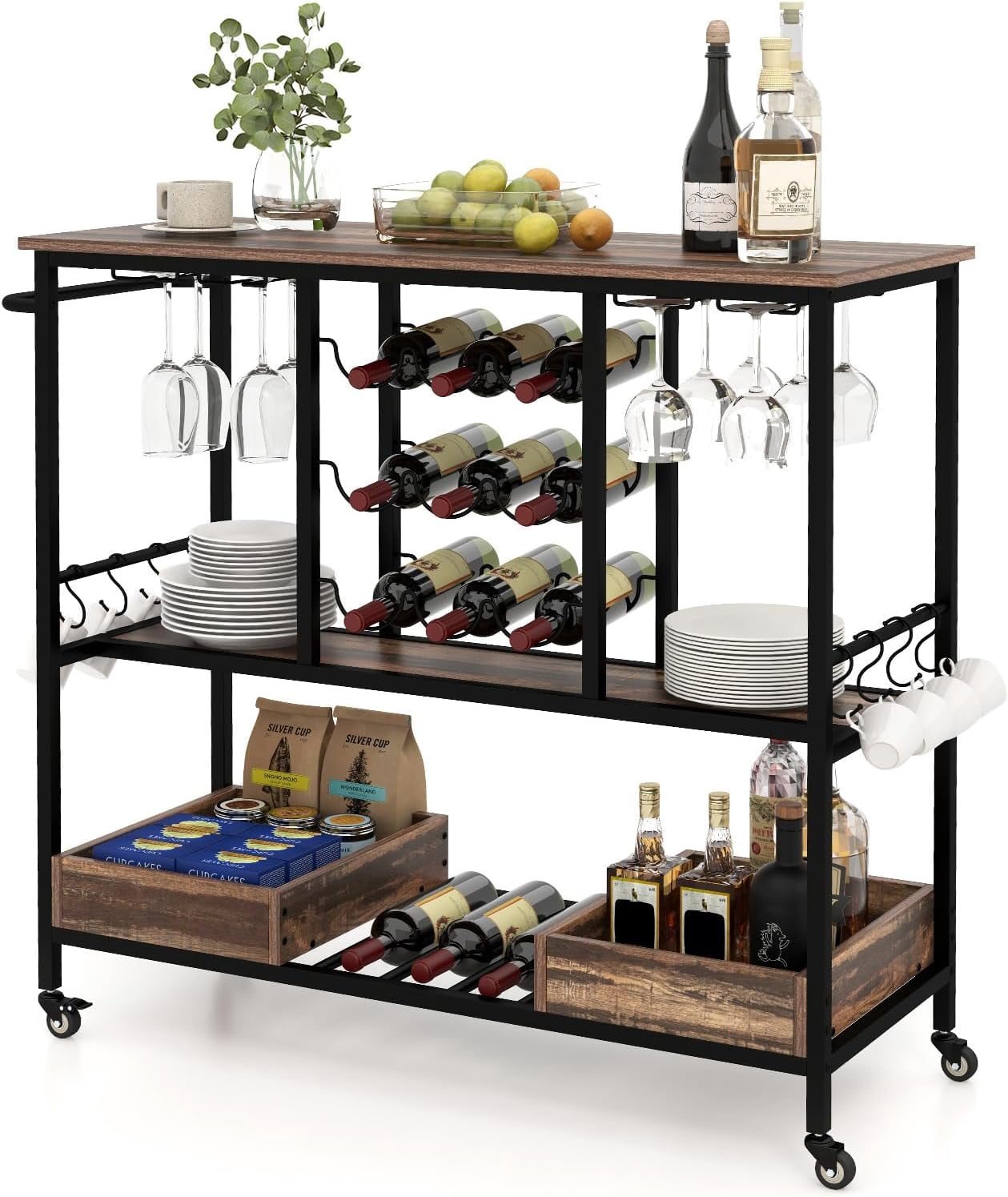 Rolling Mixing Cart Rack Serving Cart Industrial Rolling Beverage Cart w/Glass Racks Wine ...