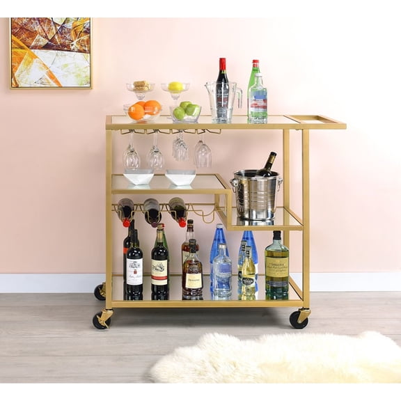Serving Cart | Used for Wine and Tableware Serving in Events | 5mm Mirrored Top and Champagne - Finished Metal Frame | Overcomes Storage Instability