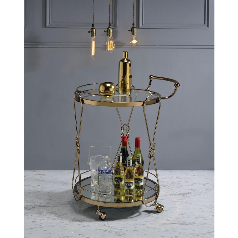 Chic Champagne Round Serving Cart with Glass Shelves and Locking Casters