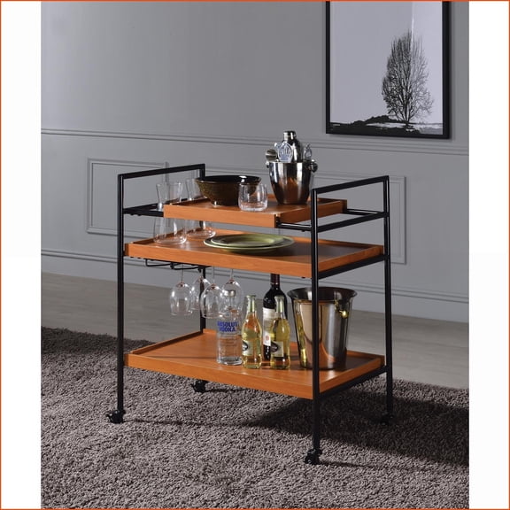 Serving Cart with Adjustable Trays & Caster Wheels, Honey Oak & Black | Wood+Metal | Small (less than 40in)