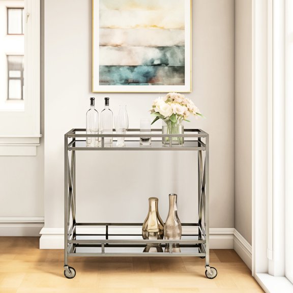 Serving Cart with Mirrored Design and Open Compartment for Storage / Aids in Stylish Serving