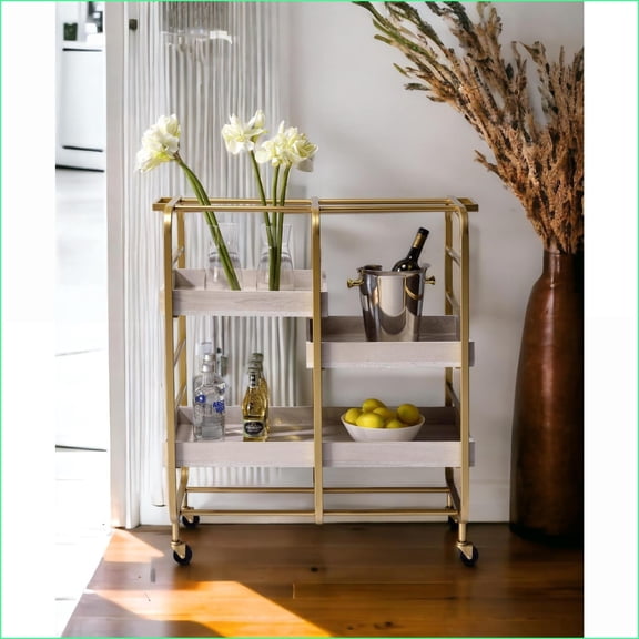 Serving Cart with Removable Trays & Caster Wheels | White Washed Gold Finish | Metal,Synthetic Wood