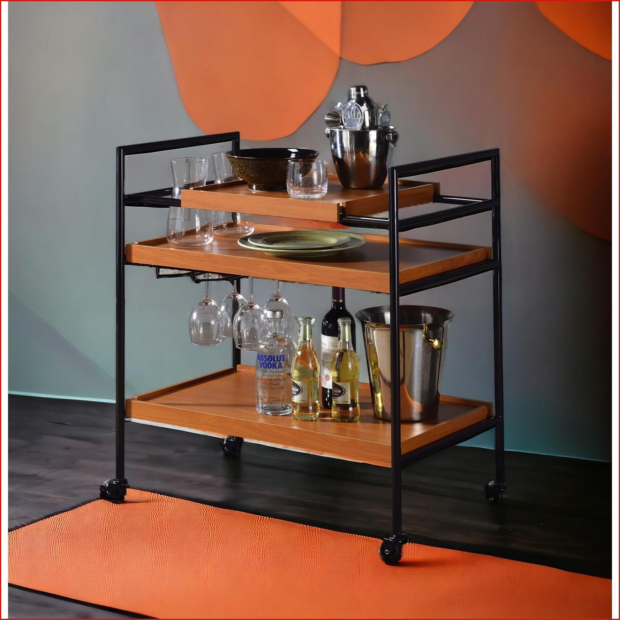 Serving Cart with Storage, Adjustable Trays & Wine Rack – Honey Oak ...