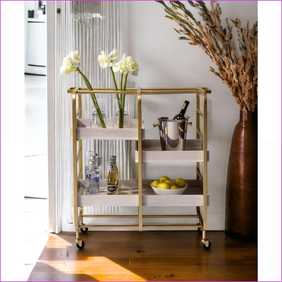 Serving Cart with Storage & Removable Trays, Gold & White Washed Finish | Metal,White