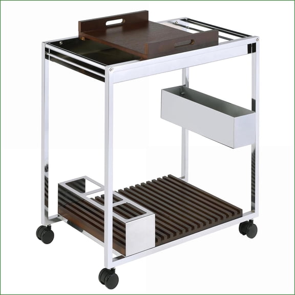 Serving Cart with Wine Rack, Stemware Shelf & Removable Tray Chrome & Walnut Brown | Wood+Metal | Dining Room