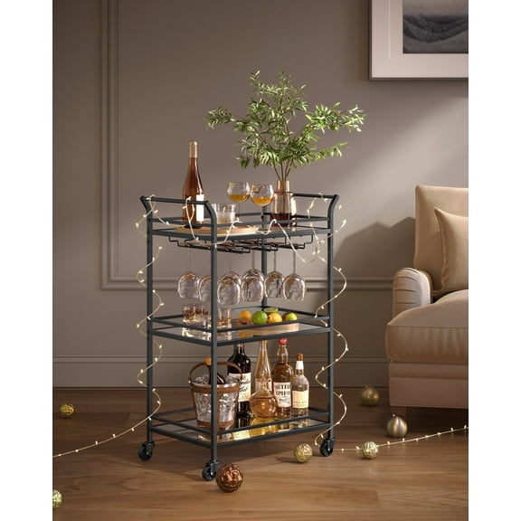 3-Tier Bar Serving Cart with Mirrored Glass Shelves, Removable Wine & Glass Holders, Swivel Wheels - Compact for Kitchen, Apartment, Small Spaces - Black