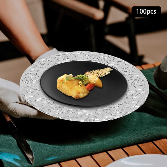 Serving Charger Plates, 100 Pack Silver Dessert Charger Plates, PP Plastic, Embossed Floral Pattern, Lightweight, Stackable, Reusable, for Wedding, Party, Buffet, Catering, Restaurant, Home