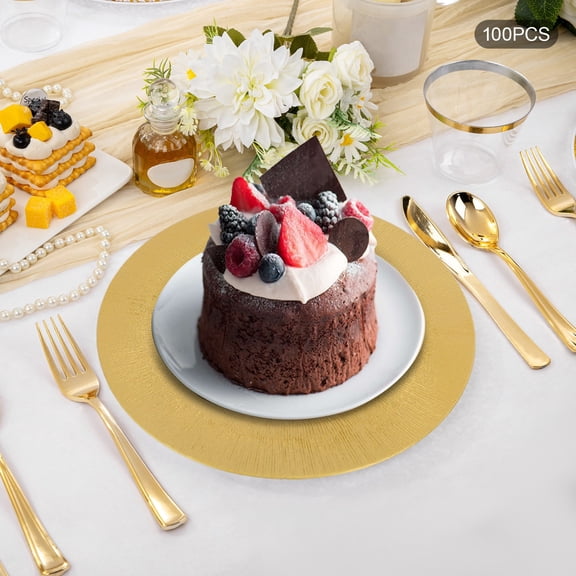 Serving Charger Plates Bulk Pack, 100 PCS Gold Custom Disposable Dinner Plates, Stackable Dessert Appetizer Plates for Party Wedding Catering Buffet