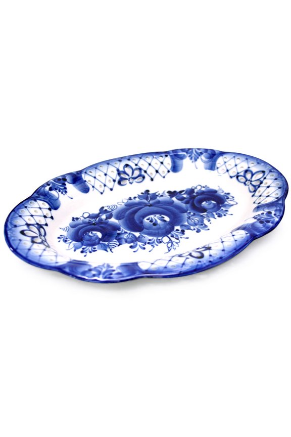 Serving Dish Spring Serving Platter (Bread Platter). Blue&White Porcelain. Gzhel 12 x 8 x 1.6-inch Porcelain Platter Serving Appetizer Plate