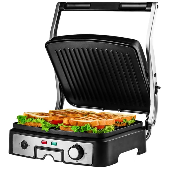 Serving Electric Indoor Grill & Press with Easy Clean Non-Stick Plate Coating, Opens 180 Degrees, 8.15" x 7.4" Space Saving Design, 750W Contact Grill for Burgers & More, Black