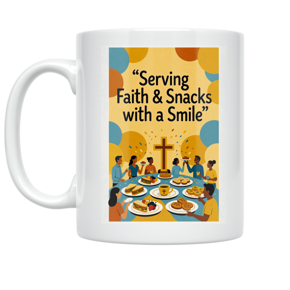 Serving Faith and Snacks with a Smile - Community Potluck Enthusiast - 11 oz Ceramic Coffee Mug