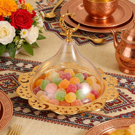 Serving Platter Golden Moon & Star Acrylic Clear Dome Dessert Plate Eid Cake Tray For Home Party Wedding Dining Rooms And Easter(Gold-18X20Cm)