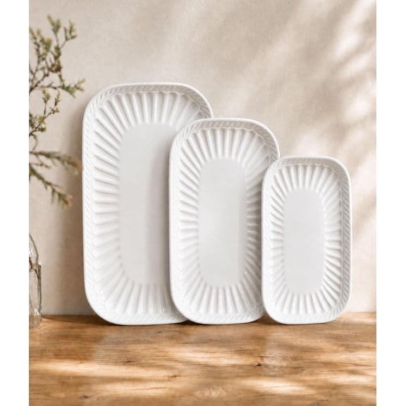 Serving Platter, Rectangular 10/12/14 Inch, Serving Dishes for Entertaining, Microwave Dishwasher Safe, Set of 3 Ceramic Large Serving Tray for Christmas and Home, White