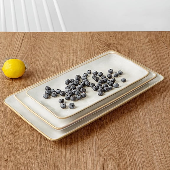 Serving Platter, Rectangular 15.67/14.1/12.6 inch Serving Dishes for Entertaining, Microwave Dishwasher Safe, Stonware Serving Trays for Party, Turkey, Cheese, Ocean Series, Cappuccino White