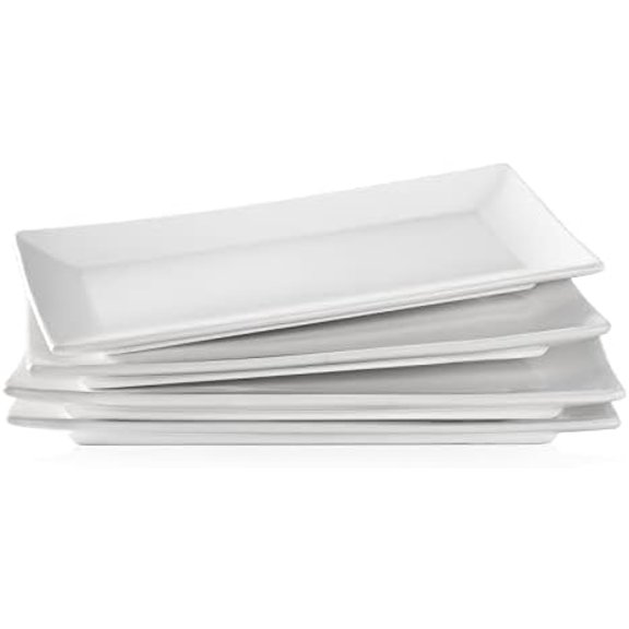 Serving Platter, White Rectangle Plates Set of 4, 10 Inches Sushi Plate, Ceramic Serving Trays for Party, Dessert, Appetizer, Steak, Serving Dishes for Entertaining, Dishwasher & Oven Safe