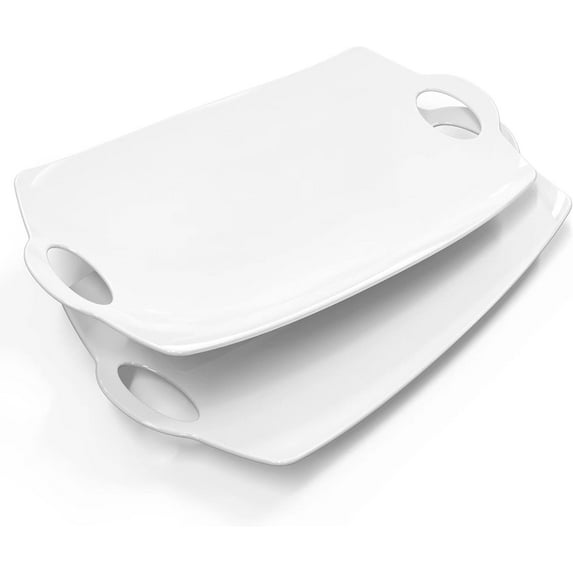Serving Platter for Party, 16 inches Large Tray with Handles Porcelain Platters Meat Dish Entertaining White Plates BBQ, Set of 2