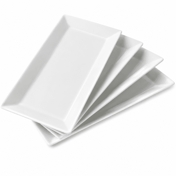 12" Serving Platters Set of 4, White Rectangular Plates, Ceramic Serving Tray, Stackable Large Party Plates for Appetizer, Dessert, Steak, Sushi, Housewarming Gift, Oven Dishwasher Safe
