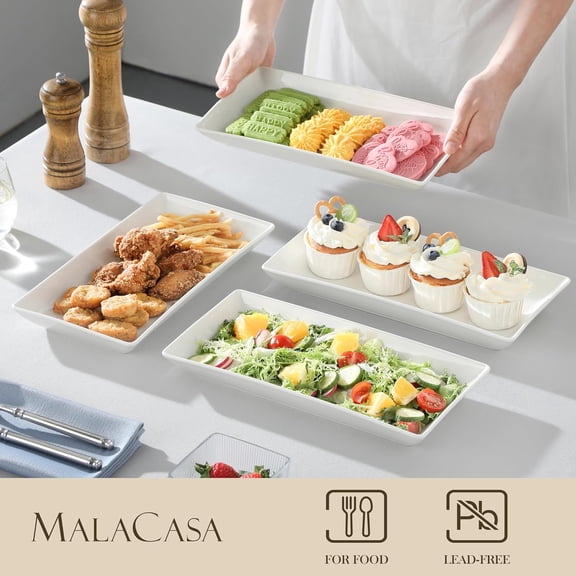 Serving Platters Set of 4, Ceramic Rectangular Trays for Party and Food Presentation - 12 Inch White