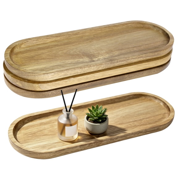 4 Pcs Oval Wooden Tray, 11.4 x 4.1 in Acacia Wooden Serving Trays, Thickened Wood Serving Boards for Display Fruit Snacks Appetizers Sushi Cheese, Natural Farmhouse Dish for Coffee Table Home Decor