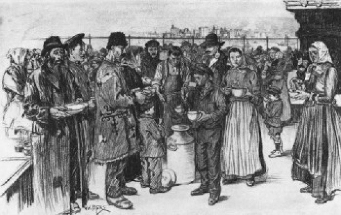 Serving Soup to Immigrants at Ellis Island 1916 GW Peters Canvas Art - GW Peters (18 x 24)