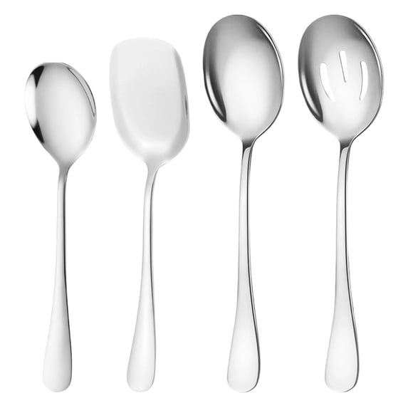 Serving Spoon Set, Stainless Steel Buffet Serving Spoons Set, Includes 3 Serving Spoons and 1 Slotted Spoons, Large Cutlery for Catering Buffet, Mirror Polished, Dishwasher Safe, Set of 4, Multisize