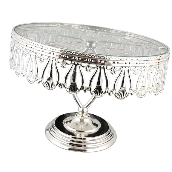 Serving Stand for Cakes and Desserts with Round Glass Tray, Raised Pedestal Base and Decorative Metal Detail for Party Buffet, Tea Table and Home Styling