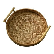 Serving Storage Tray,Hand-Woven Rattan Storage Tray Wicker Basket,Round Handwoven Serving Tray Food Baskets,Decorative Organizer Tray with Handles,Woven Serving Tray Breakfast 24x3cm