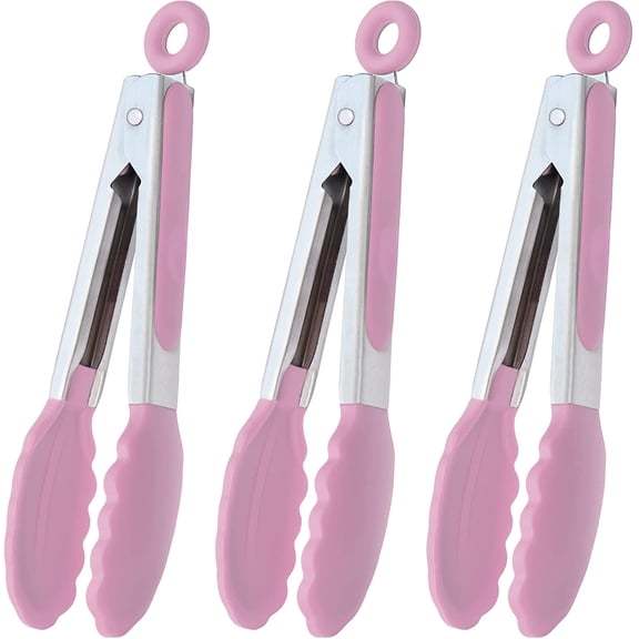 Serving Tongs Kitchen Tongs - Heat Resistant, Premium Stainless Steel Locking Cooking Tongs with Silicone Tips, Mini Tongs with Silicone Tips 7-Inch Kitchen Tongs, Set of 3 (Pink)
