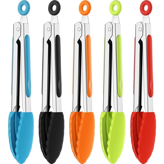 Serving Tongs Kitchen Tongs - Heat Resistant, Premium Stainless Steel Locking Cooking Tongs with Silicone Tips, Mini Tongs with Silicone Tips 7-Inch Kitchen Tongs, Set of 5 (Color)