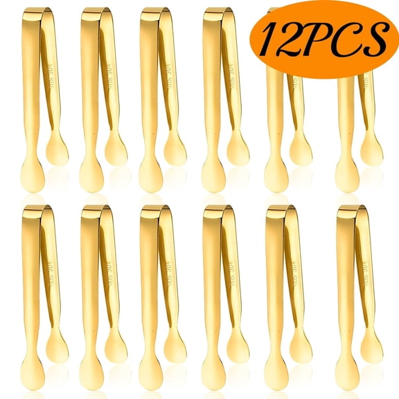 Serving Tongs Small Party Serving Utensils Mini Stainless Steel Tongs for Salads Tea Party Coffee Bar Sugar Ice 12 Pcs Gold