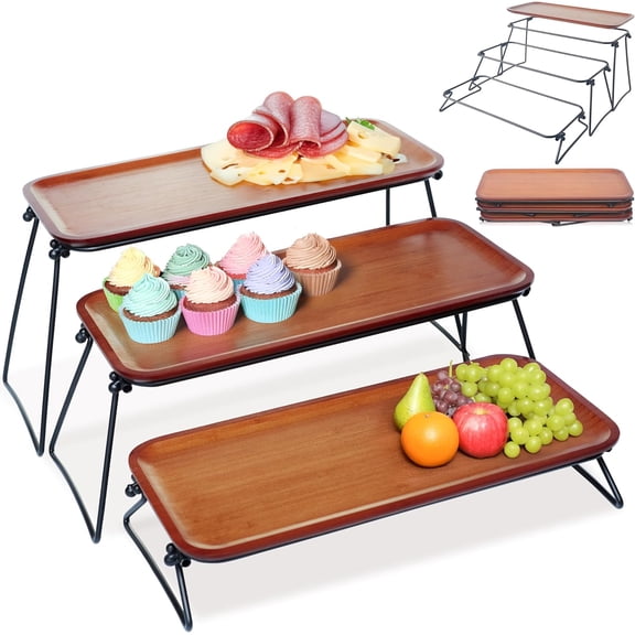 Serving Tray, Dark Bamboo Tiered Tray Stand, Cake Stand & Cupcake Holder, Buffet Risers Serving Platters, Dessert Table Display Set, Charcuterie Board Set for Party Hosting Essentials