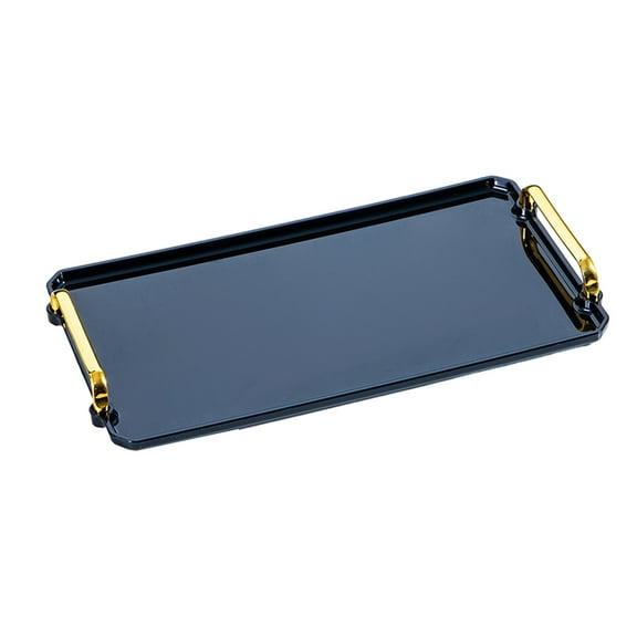Serving Tray with Gold Handles, Plastic Rectangular Decorative Tray for Bar, Living Room, Bathroom, Kitchen, Tray Decor for Party, Coffee, Tea, Cake 16x8.7x1.4 Inch - Black