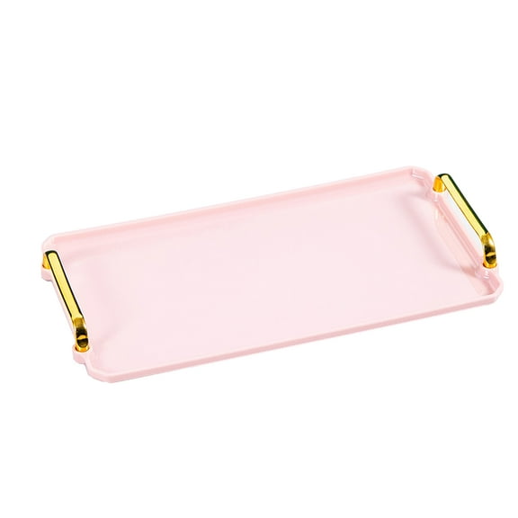 Serving Tray with Gold Handles, Plastic Rectangular Decorative Tray for Bar, Living Room, Bathroom, Kitchen, Tray Decor for Party, Coffee, Tea, Cake 16x8.7x1.4 Inch - Pink