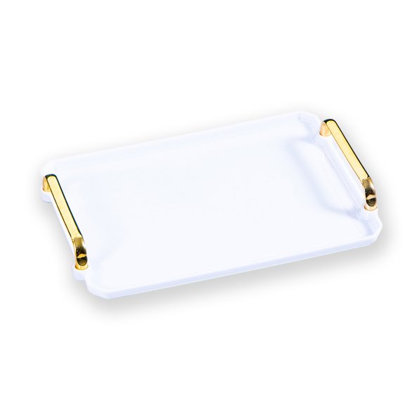 Serving Tray with Gold Handles, Plastic Rectangular Decorative Tray for Bar, Living Room, Bathroom, Kitchen, Tray Decor for Party, Coffee, Tea, Cake 16x8.7x1.4 Inch - White