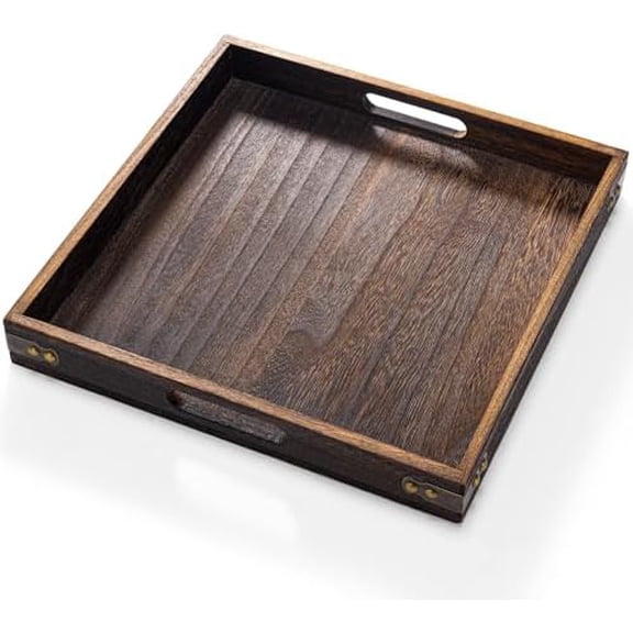 Serving Tray with Handles,13"*13"Wood Decorative Tray for Living Room,Modern Coffee Table Tray,Square Large Serving Platters for Home Decor,Ottoman,Bed,Kitchen,Bathroom, Breakfast,Bar